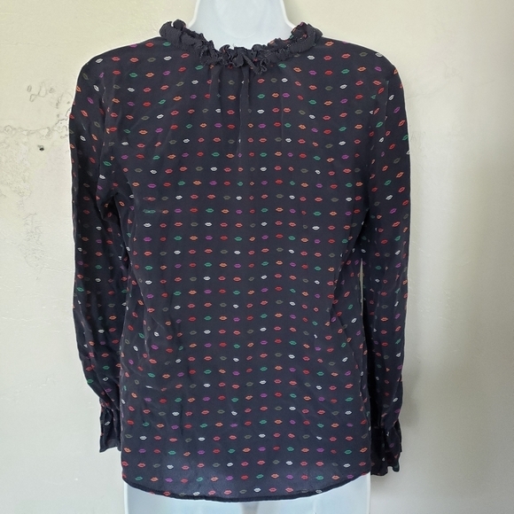 J.Crew 100% Silk Navy Blue Long Sleeve Blouse Colorful Lip Print Ruffle V-neck - Picture 6 of 7
